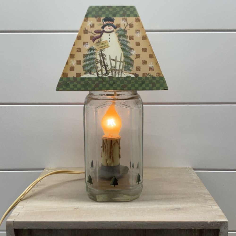 Primitive Snowman Glass Jar Accent Lamp Winter Welcome Flicker Bulb 9"